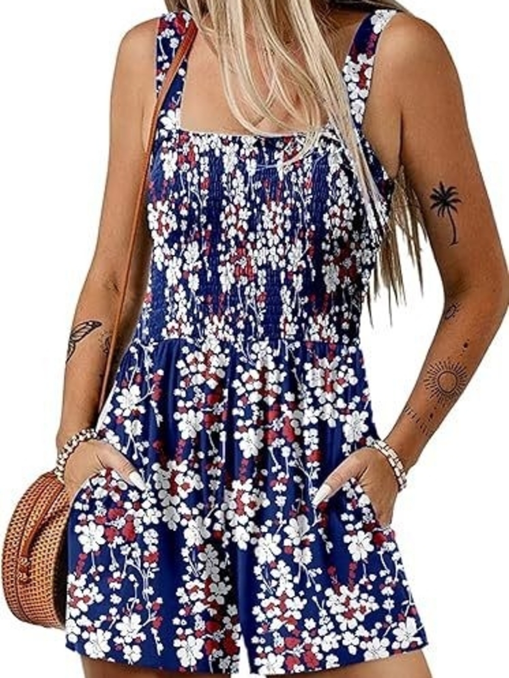 Women’s Navy Floral Smocked Romper M